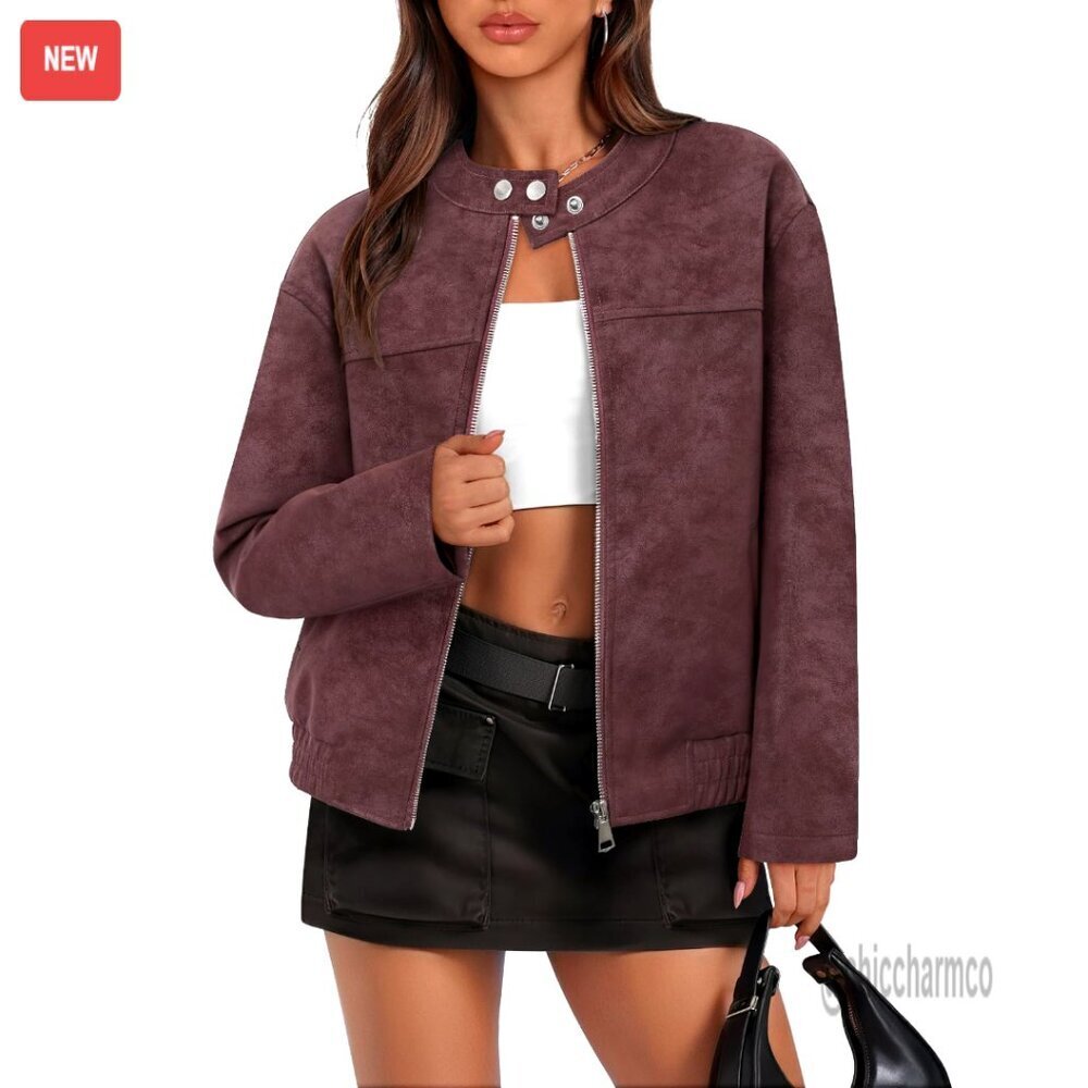 Faux Suede Bomber Jacket, Zip Up, Stand Collar, Casual Outerwear